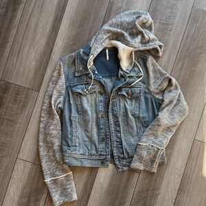 Free People Blue Denim Jacket with Grey Hood